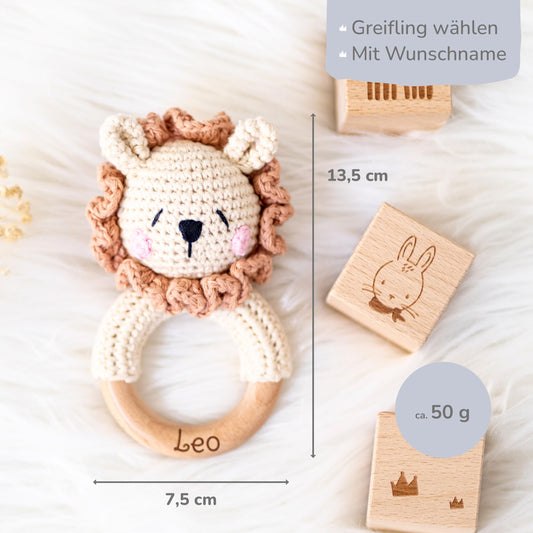 Muckelmeister wooden teething toy personalized with name - crocheted animal baby rattle - baby gifts for girls/boys - small gifts for newborns - lion.