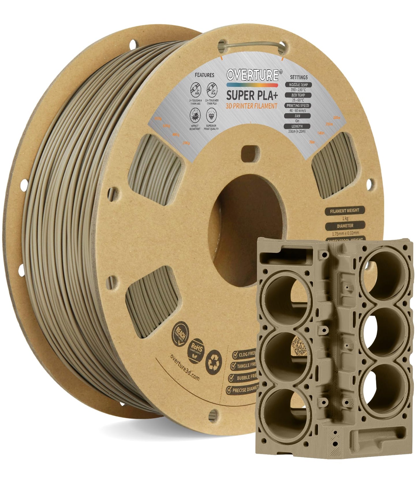 OVERTURE Super PLA+ Filament 1.75mm, 1kg spool (2.2lbs), dimensional accuracy +/- 0.03mm, for 3D printers (Light Brown)