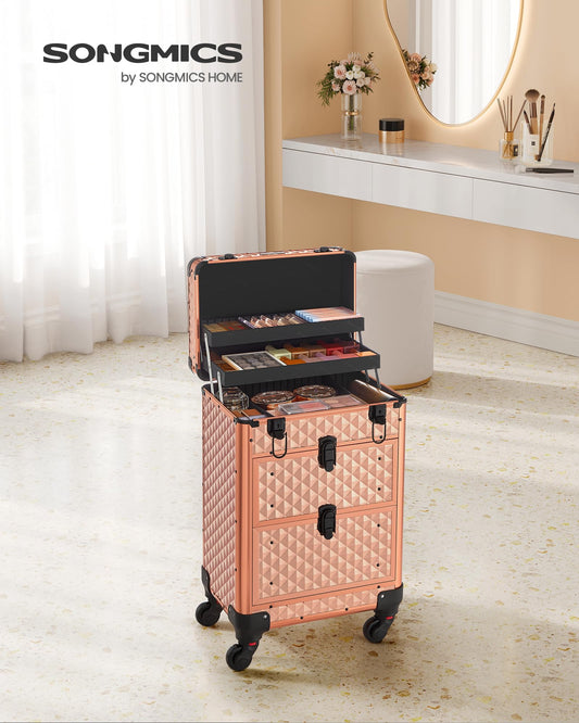 SONGMICS Cosmetic Bag Trolley, Makeup Case with 2 Drawers, Large Hairdresser Case, Makeup Case, 34 x 24 x 56 cm, 360° Rotating Wheels, Travel, Hairdressers, Gift Idea, Champagne Gold JHZ008A01