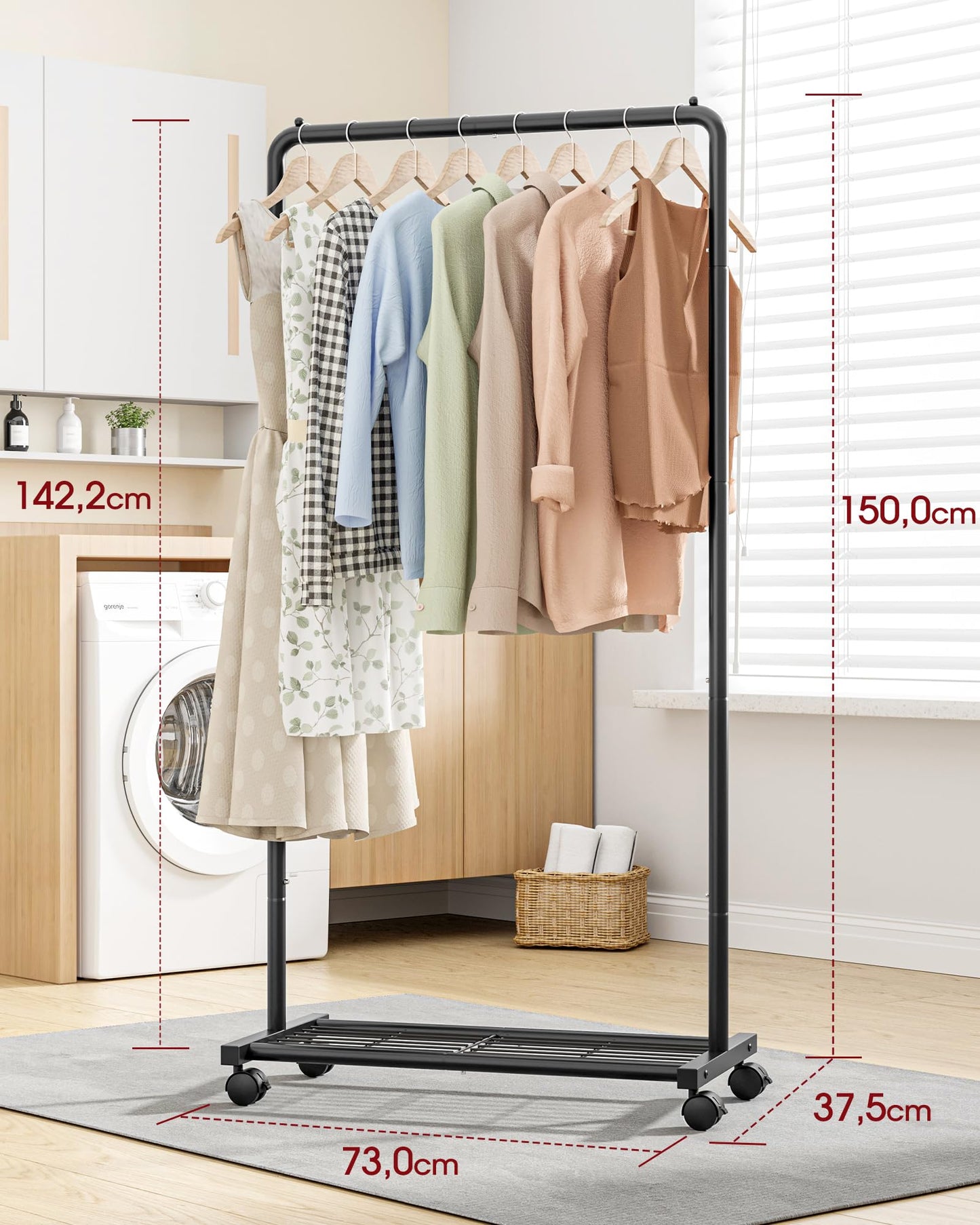 Sakugi clothes rack - rolling clothes rack, garment rack with storage shelf, sturdy metal coat stand for dresses, clothes, sweaters, coats, Clothes Rack (Black, Medium)