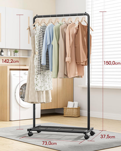 Sakugi clothes rack - rolling clothes rack, garment rack with storage shelf, sturdy metal coat stand for dresses, clothes, sweaters, coats, Clothes Rack (Black, Medium)