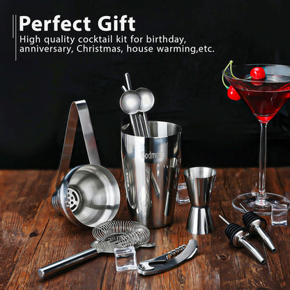 Cocktail Shaker Set, 750ml Stainless Steel Shaker Set, 15 Piece Professional Cocktail Mixing Set, Bartender Set with Bamboo Stand, Recipe Book, Jigger, Spoon, Gift Set for Bar, Home