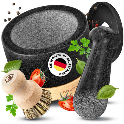 ATNITY Granite Mortar and Pestle Ø 14.5cm - Stone mortar with extra long pestle - Mortar on elegant and stable beech wood base with silicone cover and cleaning brush included in set.