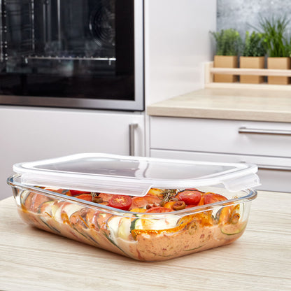 Grizzly XXL glass food storage container, 3600 ml, airtight, rectangular, click closure, versatile containers for oven, microwave, freezer.