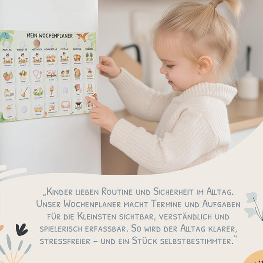 Children's weekly planner with Velcro dots in A4 format, Montessori daily schedule with 350 routine cards - visual routine planner for kids, family planner for more structure in everyday life (dino)