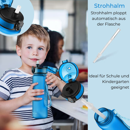 My Vesperbox - Minny - Kids Water Bottle - Personalized with your name - 500, 750, 1000ml incl. straw or sieve - BPA free - for kindergarten, school, sports, leisure (Blue 500ml)