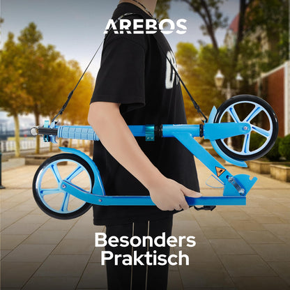 Arebos City Scooter Kick Scooter Blue | Adjustable height | Foldable | Includes carrying strap | XXL wheels | Foot brake | For children and adults | Up to 100kg weight capacity | Kick scooter | Kickscooter