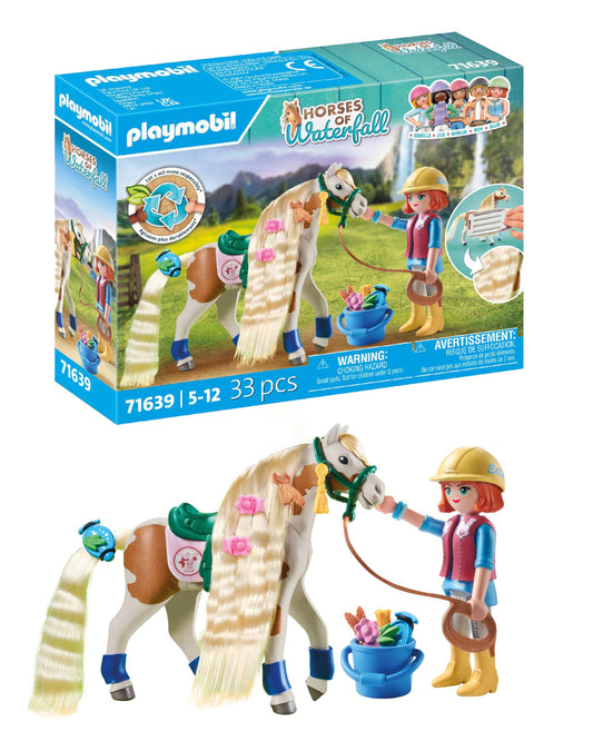 PLAYMOBIL Horses of Waterfall 71639 Ellie & Horse with styling iron, including hair accessories for creative horse hairstyles and two real silicone bracelets, sustainable toy for kids ages 5 and up.