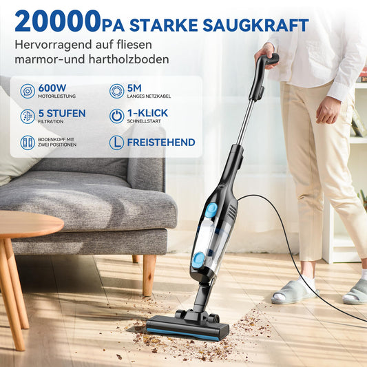 Vacuum cleaner, corded stick vacuum with cable hand vacuum 20Kpa 600W, 3 in 1 bagless vacuum with 5m cable, vacuum cleaner without bag Vacuum Cleaner Anti-Tangle for pet hair carpet hard floors