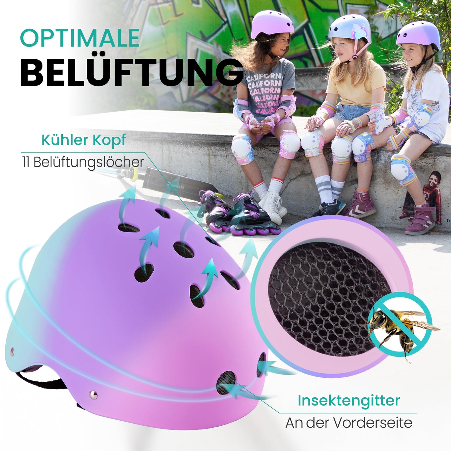 99FLIPS Kids Skate Helmet - Bike Helmet Girls 8 Years - Girls Kids Helmet Scooter - Kids Helmet 3 Years Bike Helmet - Size XS Tricolor