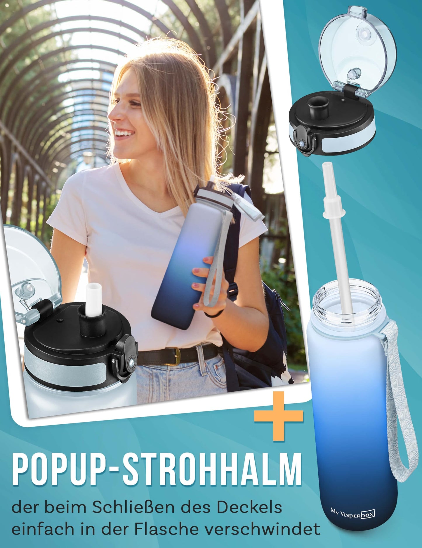 My Vesperbox 1L water bottle - leak-proof & BPA-free - for kids & adults - includes spare seal, cleaning brush, fruit infuser & optional straw - perfect for school, office, sports & leisure.