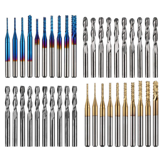 Genmitsu end mill set with a total of 40 CNC router bits, 3.175mm (1/8") shank, CNC end mill set with 2-flute flat and ball nose end mills, Nano Blue coating & titanium coating, MC40A