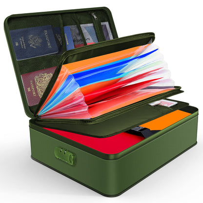 JUNDUN Document Organizer, Fireproof Document Bag with Lock, Document Storage Box with 7 Compartments, File Organizer, Portable Briefcase for Important Documents, File (Green)