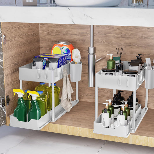 Puricon Under Sink Shelf, 2 Tier Standing Rack Kitchen Countertop Organizer, Multifunctional Kitchen Shelf Spice Rack Under Cabinet Shelf Sink Cabinet Rack - Grey