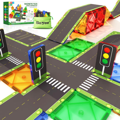 Soyee 56 Magnetic Building Blocks Road Toppers Children's Toy for 3 year old Boys Girls Magnetic Tiles Preschool Learning Activities Gift for Toddlers Children Ages 3 4 5 6