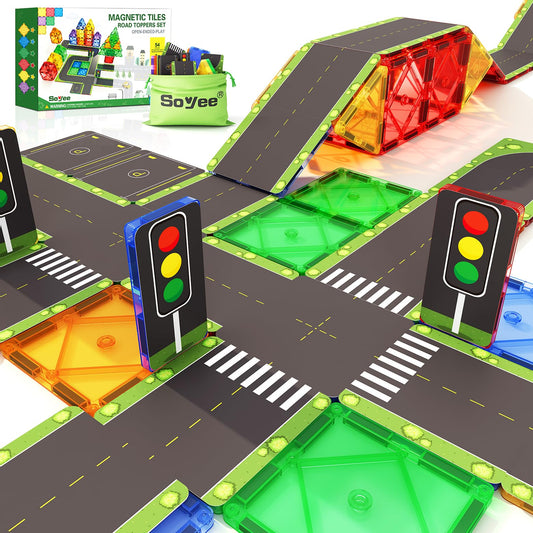Soyee 56 Magnetic Building Blocks Road Toppers Children's Toy for 3 year old Boys Girls Magnetic Tiles Preschool Learning Activities Gift for Toddlers Children Ages 3 4 5 6