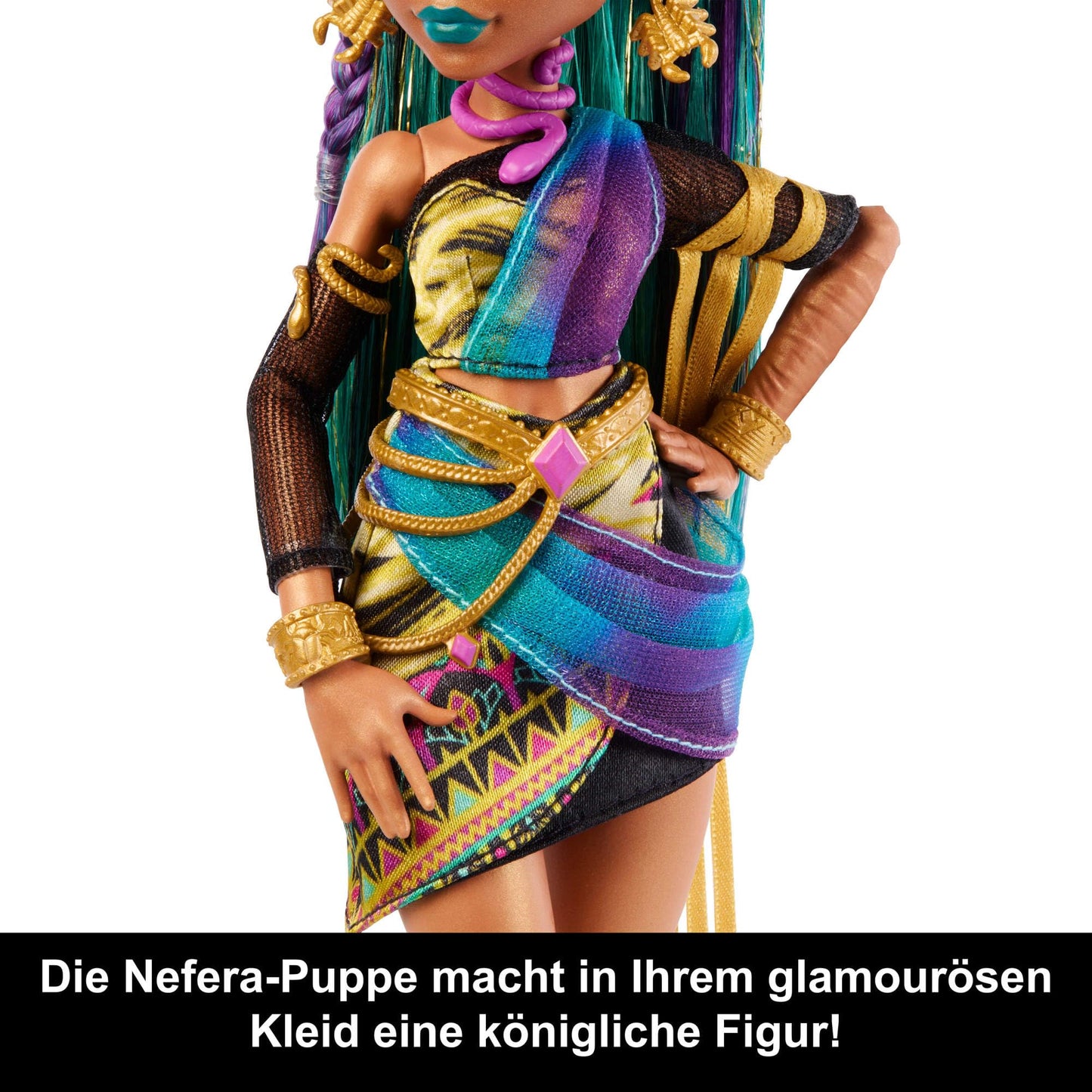Monster High Nefera De Nile doll, royal mummy in dress with pet scarab Lavish and 7 accessories such as handbag, laptop, sunglasses, drink, and snacks, JDR48.