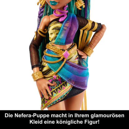 Monster High Nefera De Nile doll, royal mummy in dress with pet scarab Lavish and 7 accessories such as handbag, laptop, sunglasses, drink, and snacks, JDR48.