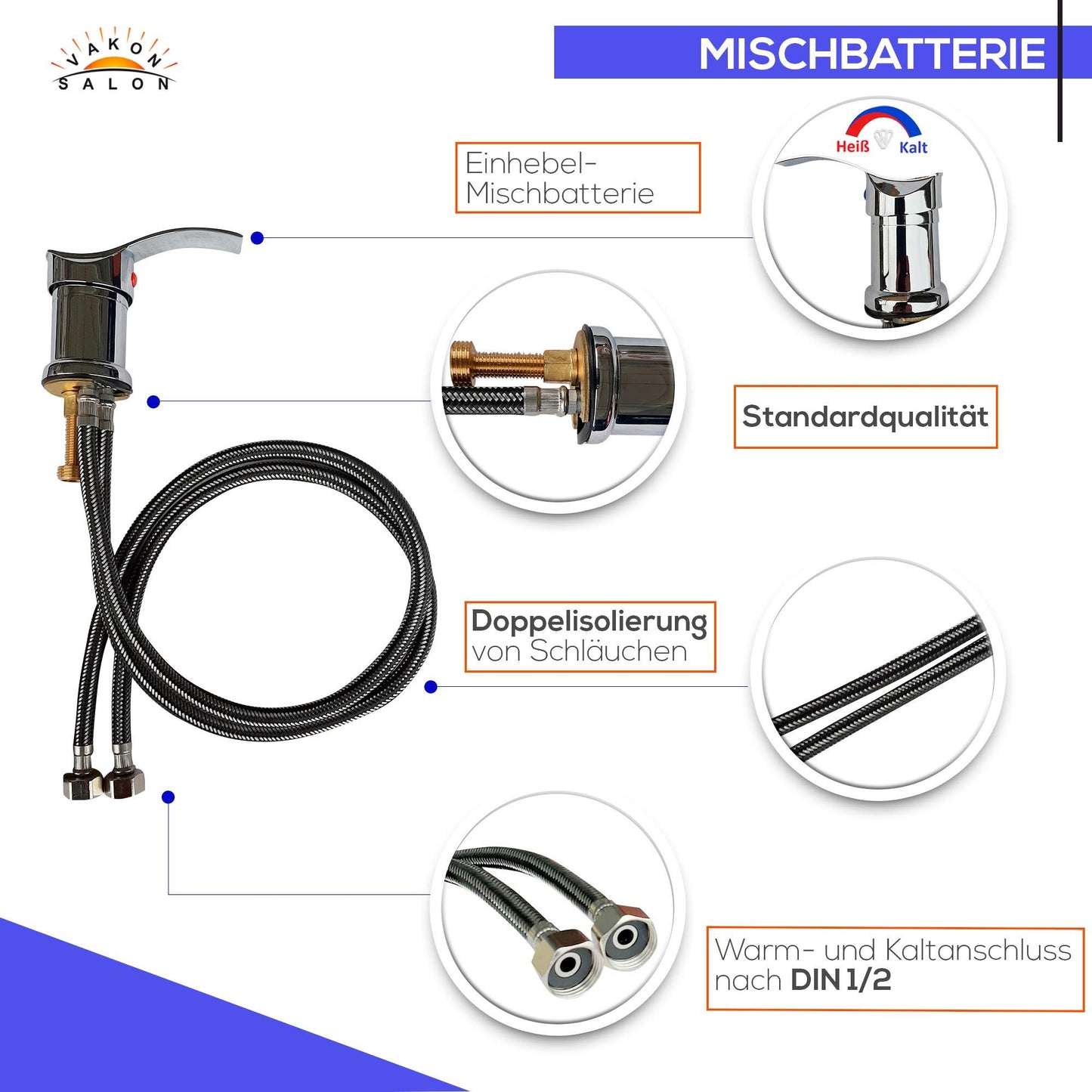 VAKON SALON - Standard single-lever mixer tap for washbasin, shower head hand shower with hose, hairdresser faucet for wash chairs and salon washing unit.