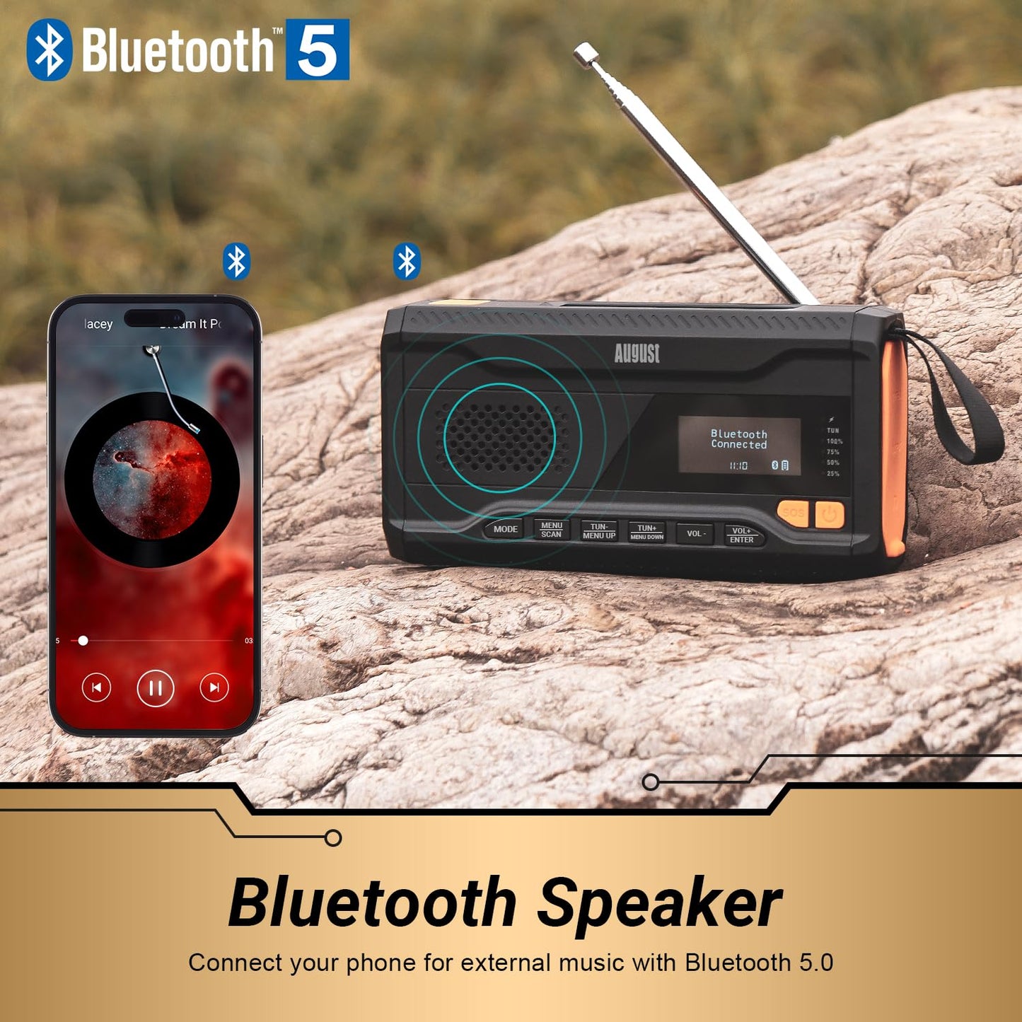 August MB290B Crank Radio DAB/FM/Bluetooth - Solar Radio 4500mAh Rechargeable Power Bank, 3 Modes LED Flashlight Sleep Timer SOS Alarm 3.5mm Emergency Radio with Hand Crank for Camping Hiking Camping.
