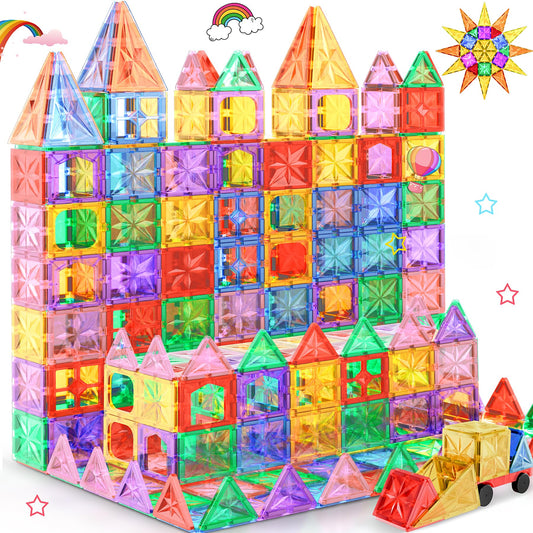 Perbabe Magnetic Building Blocks, 61 pieces magnetic blocks for kids with strong magnets. 3D educational STEM Montessori toy with cars. Perfect gift for 3-7 year olds.