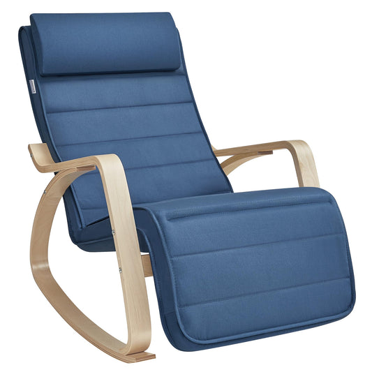 SONGMICS rocking chair with birch armrests, rocking armchair, 5-position adjustable footrest, up to 150 kg load capacity, for bedroom, living room, midnight blue-natural LYY010Q01