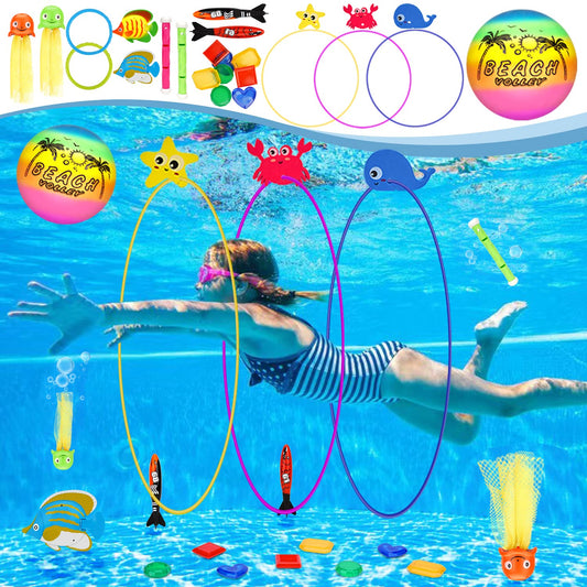 MutoToy® Dive Toy Set, 27PCS Kids' Water Toy Outdoor Dive Rings with Game Ball Dive Sticks Gemstones Pool Toy Swimming Toy for Diving Training Pool Party Swimming Pool.