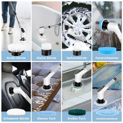 Electric cleaning brush, 8 in 1 with interchangeable brush heads, mop set, adjustable handle for bathroom, kitchen, car, and floors.