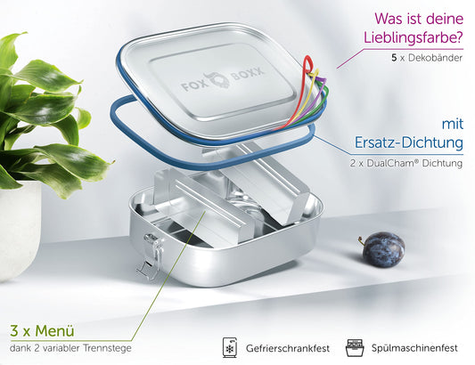 FOXBOXX stainless steel premium lunch box | XL 1400ml | 2 compartments | DualCham seal & Smart Clips | Leak-proof eco-friendly Bento Box - for kids & adults