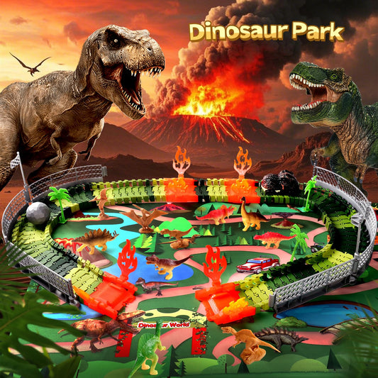 Dinosaur toy for ages 3 and up - race track for kids with 10 mini dinosaur figures, 1 car, and race track. Perfect gift for boys and girls ages 3-7.