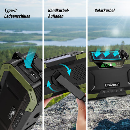 Libovgogo DF-580Pro 5000mAh hand-crank radio with phone charging function, solar, 7W IPX5 waterproof Bluetooth speaker, portable auto-scan AM/FM emergency radio with flashlight LED reading light for outdoor camping.