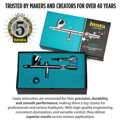 Iwata-Medea Eclipse HP CS Dual Action airbrush gun with gravity feed cup.