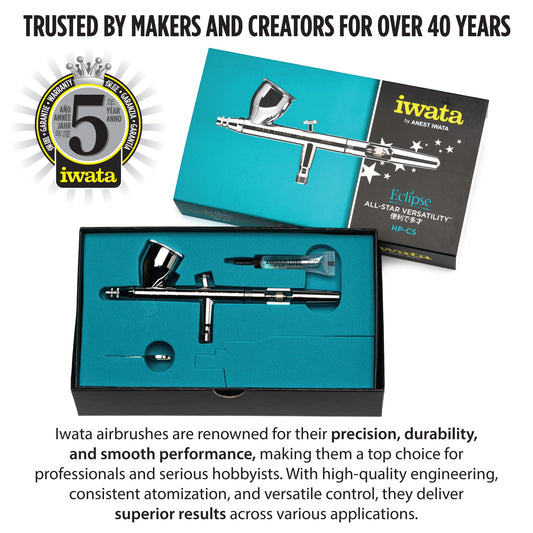 Iwata-Medea Eclipse HP CS Dual Action airbrush gun with gravity feed cup.