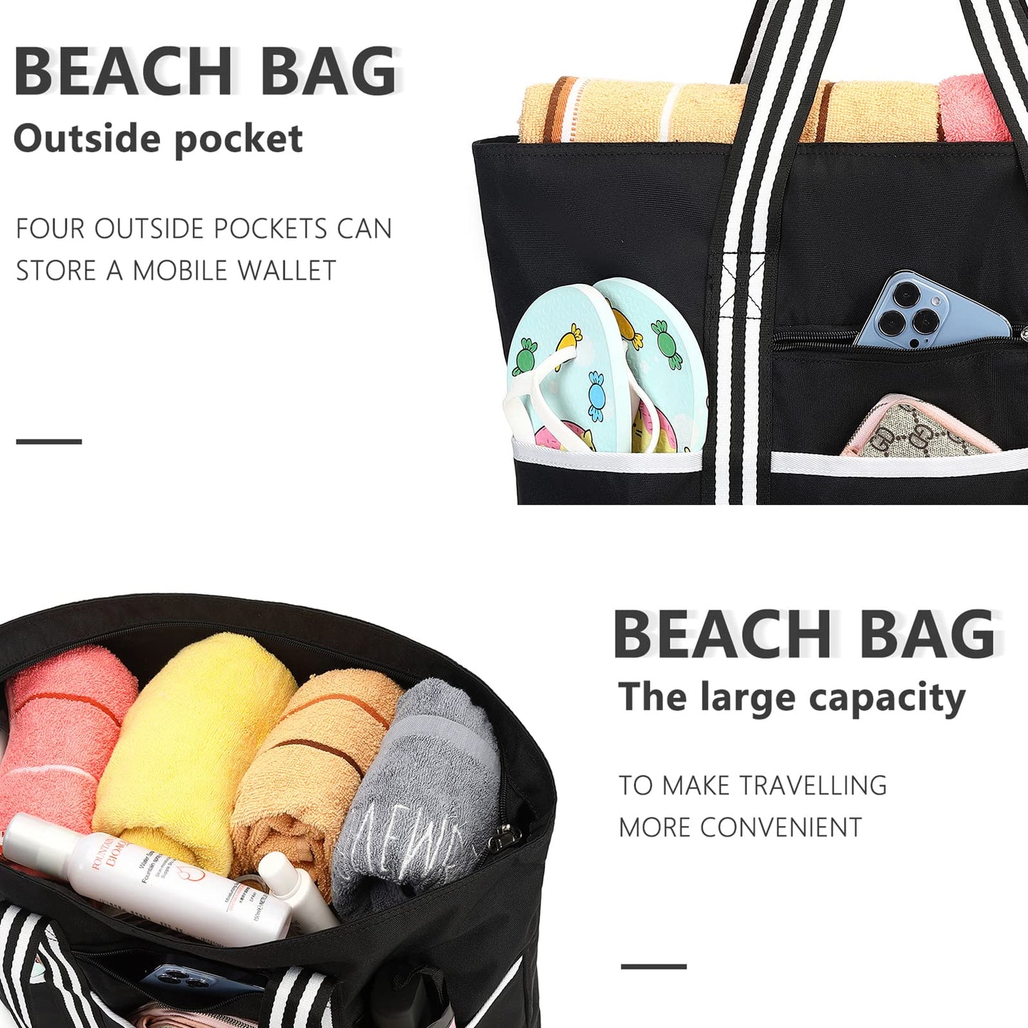 LEDAOU Large Beach Bag Women Shoulder Bag Handbag Waterproof Sandproof Zipper Pool Picnic Gym Travel Bag (B-Black)