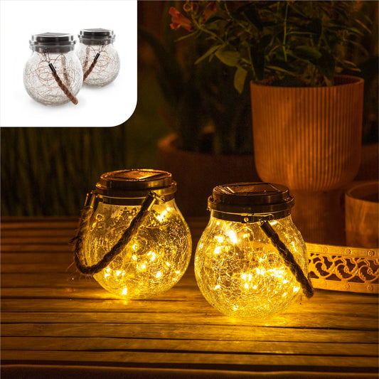 Gadgy Solar glass balls for hanging, set of 2, solar lantern for outdoors, decorative hanging lantern with LED string lights, stylish decor for garden, balcony, or terrace.