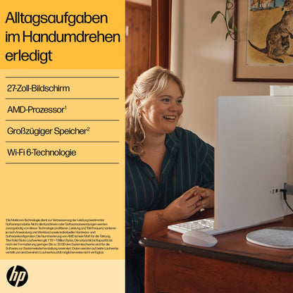 HP All-in-One Desktop PC, 27" FHD Display, AMD Ryzen 5 7520U, 16GB DDR5 RAM, 1TB SSD, AMD Radeon graphics, Windows 11 Home, QWERTZ, White, [Exclusive to Amazon]