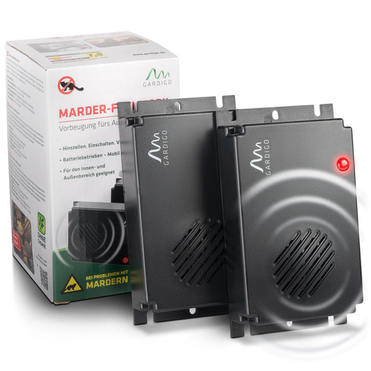 Gardigo® Marder-Repellent Mobil - 2 pack | Car Marder Repellent | Ultrasonic Marder Deterrent | Battery Operated Car Marder Repellent | Marder Protection for Vehicles, Engine Compartment, Attic, House, Garden