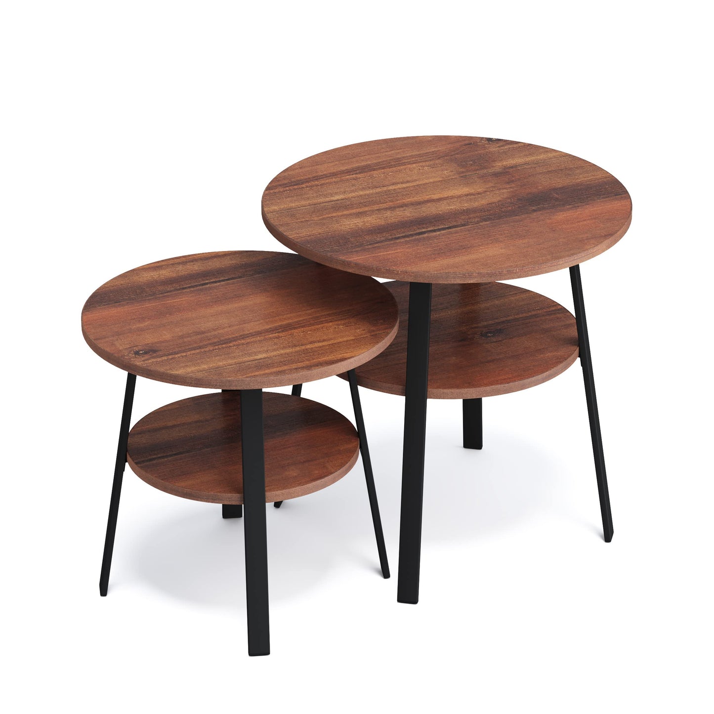 stardis side table round stable metal frame/wood Ø43xH 44 cm, 2 shelves bedside table coffee table for living room bedroom, walnut finish