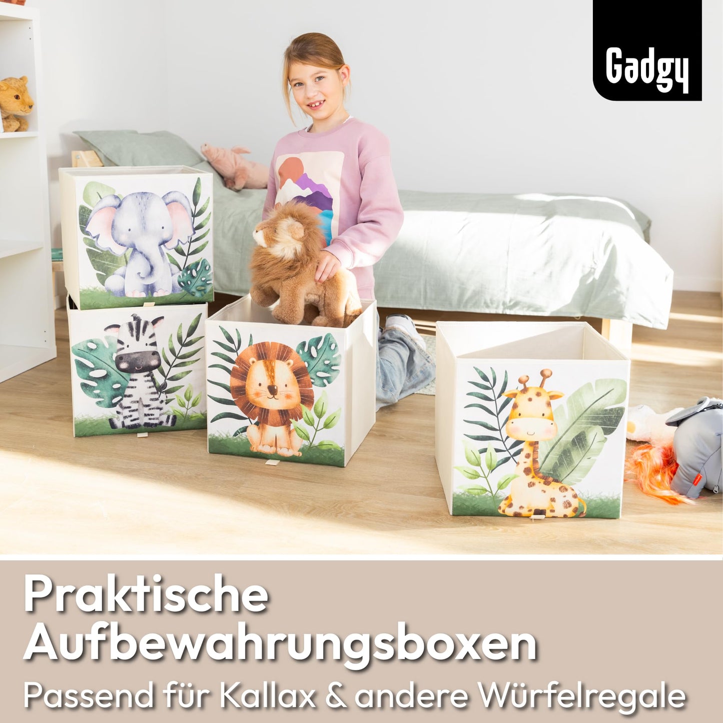 Gadgy Storage Box Kids - Storage Box Kids Room 4 Pack - Compatible with Kallax Kids Boxes - Foldable Kids Storage Boxes 33x33x33 cm - Animal-themed Kids Room Storage Boxes
