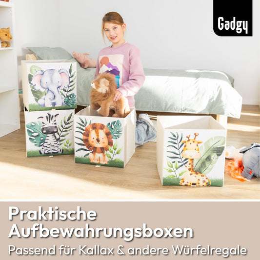 Gadgy Storage Box Kids - Storage Box Kids Room 4 Pack - Compatible with Kallax Kids Boxes - Foldable Kids Storage Boxes 33x33x33 cm - Animal-themed Kids Room Storage Boxes