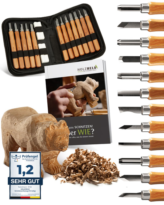 WOODHERO Wood Carving Tool Set (16 pieces) with instructions for 1 carving project - 12 high-quality carving knives for carving with practical tool bag.