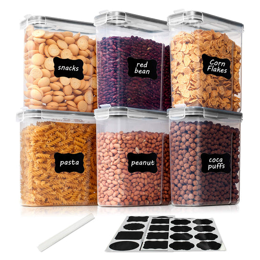Vtopmart 2.5L Storage Container Set, Cereal Dispenser & Food Storage Containers, BPA free Plastic Storage Containers airtight, Set with 6+24 Labels for cereals, flour, sugar, etc. (Black)