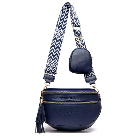 KUNKUN crossbody bag women wide strap shoulder bag large fanny pack vegan leather chest bag stylish blue with coin purse