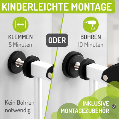 BOMI extra tall Baby Safety Gate Mira | No Drilling | Metal White Safety Gate Door for Childproofing | Sturdy Baby Safety Gate for Stairs | Stair Door Gate | Width: 93-101 cm