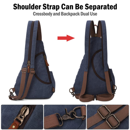 VARLIVOO Retro Men's Sling Bag Women's Crossbody Bag Shoulder Bag Travel Camping Cycling Hiking School Canvas Sling Backpack Navy Blue