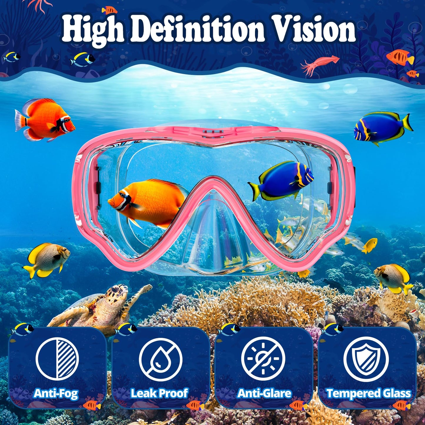 UPhitnis Kids Snorkel Set - Anti-Fog Dive Mask and Dry Snorkel - Leak-Proof Snorkel Mask - Snorkeling Gear for Boys Girls - Pink, Blue, Black, Yellow