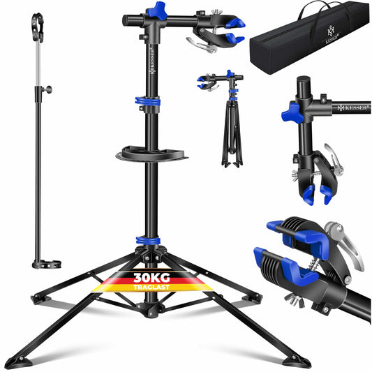 KESSER® bike assembly stand professional repair stand bike stand + bag bike repair stand up to 30 kg bike assembly stand incl. tool tray + magnetic compartment, rotatable mountain bike, blue