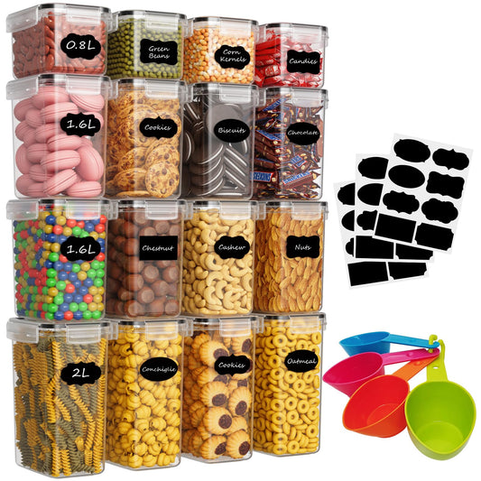 Without Vorratsdosen Airtight 16 Piece Set, Storage Box Kitchen with Plastic Lid, Container Organizer for Flour Cereal Cornflakes (2L 1.6L 0.8L)