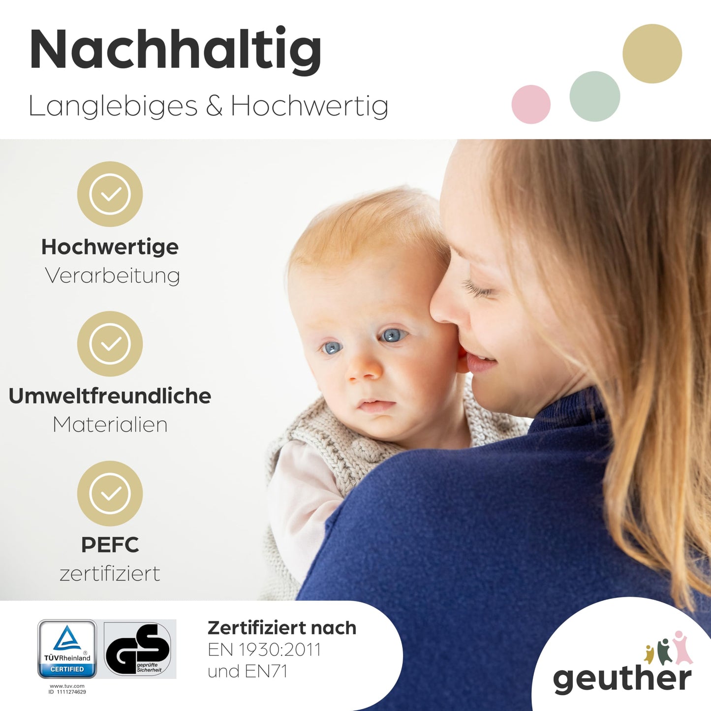 Geuther Door Safety Gate Oris | Staircase Safety Gate for screwing on, Width 86-133 cm | Sturdy Baby Gate & Door Gate with Swinging Door, Certified & Safety Tested | Wooden Child Gate, White