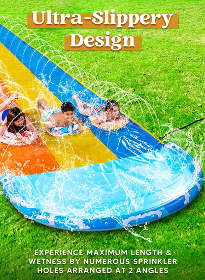 Sloosh 22.5ft x 84in/685.8*213.3cm Waves Triple Garden Water Slide, durable water slide with 3 bodyboards and sprinkler for kids and adults, summer water toy for the garden.